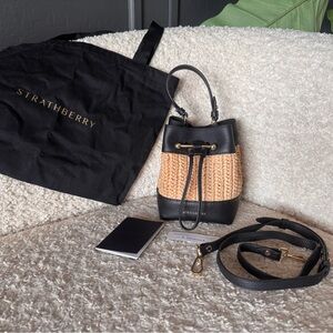Strathberry Osette Raffia & Black Leather Bucket Bag